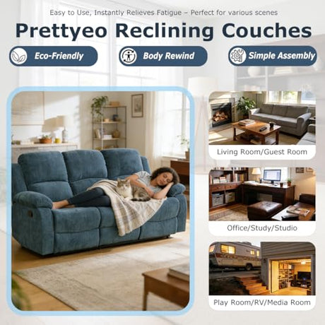 Prettyeo Reclining Sofa Set for Living Room, 2 Pieces Fabric Recliner Sofa Loveseat Set with Cup Holders & Storage Console, Manual Reclining Furniture for Home Theater, Office, Club | Blue, Microfiber Prettyeo
