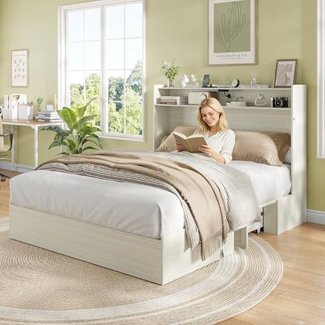 Maupvit Queen Size Murphy Bed, Foldable Bed with Charging Station and Storage Drawer, Farmhouse Platform Bed Cabinet for Guest Room, Living Room, Office, Small Spaces, Space Saving, Vintage White Maupvit