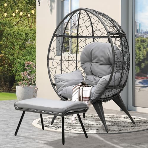 YITAHOME Egg Chair with Ottoman Outdoor Egg Lounge Chair with Cushion Wicker Chair PE Rattan Chair Footrest Included for Patio, Garden, Backyard, Porch, Gray