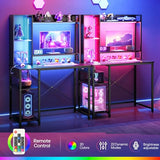 HOOBRO Computer Desk, Gaming Desk with LED and Outlets, Home Office Desk with Monitor Stand and Adjustable Shelf, Small Gaming Table with CPU Stand for Home Office, Small Space, Black BB100UDDN01 HOOBRO