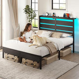 Rolanstar Queen Bed Frame with LED Lights and Charging Station, Wood Storage Headboard and Under Bed Storage, Metal Platform, Noise Free, No Box Spring Needed, Balck Oak Rolanstar
