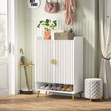 Tribesigns Shoe Cabinet with Doors, 6-Tier Shoe Storage Cabinet with Adjustable Shelves, Wooden Shoes Rack Shoe Storage Organizer for Entryway, Hallway, Closet, Living Room, White & Gold Tribesigns