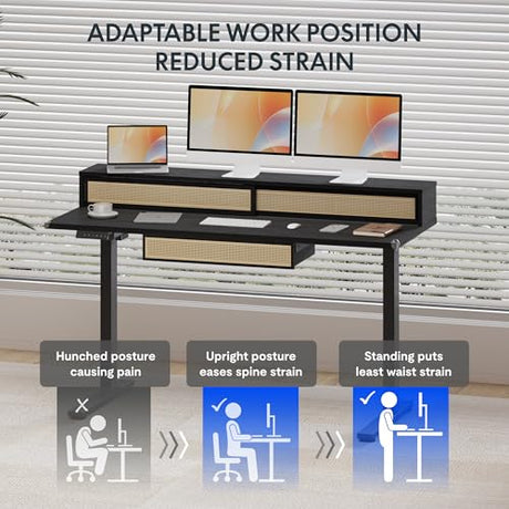 FLEXISPOT Q4 One-Piece Standing Desk with Rattan Drawers, 48 x 24 Inch Adjustable Height, Electric Stand Up Table with Monitor Shelf, Home Office Ergonomic Computer Desk with Memory Presets, Black FLEXISPOT