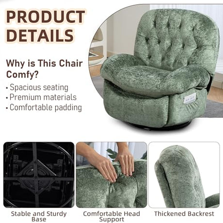 AISALL Recliner Chair for Adults, 360° Swivel Manual Recliner with Side Pocket, Nursery Rocking Chair with Comfortable Chenille Arms and Back for Living Room, Bedroom, Reading (Green) AISALL