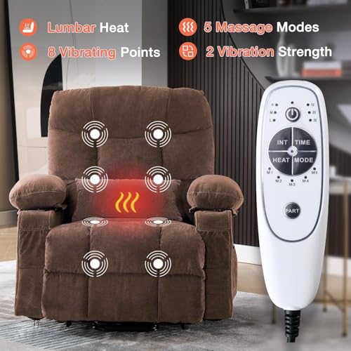 Ultra Wide Power Lift Recliner Chair for Elderly,Rotating Lounge Chair with Hot Massage Heating and Auxiliary Standing Function,Oversized Lazyboy Single Sofa with Cup Holder for Living Room (Brown)