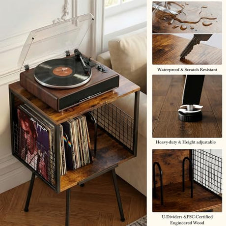 Faesun Record Player Stand with Storage Holds 100+ Vinyl Records, Industrial Turntable Stand with Storage Shelf, LP Album Organizer Cabinet for Small Spaces,Rustic End Table Faesun