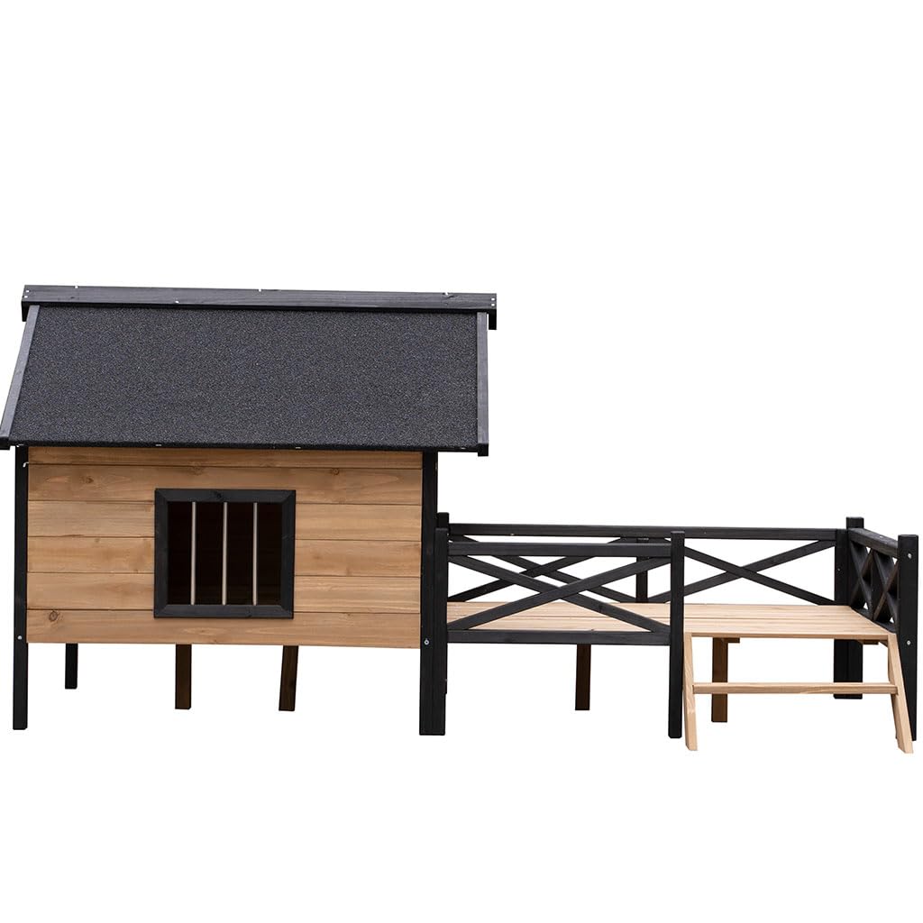 SEOCCTV Wooden Dog Kennel, Weatherproof Dog Houses Outside with Porch and Side Windows Cabin House Style Pet Kennel Wood Dog Crate for Medium Large Pets(43.6" L x 66.9" W x 32.7") - WoodArtSupply