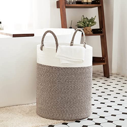INDRESSME Tall Wicker Laundry Basket, Large Woven Clothes Hamper for Bedroom, Bathroom, Living room, Tall Nursery Hamper for Blankets, Toys, 16 x 20 inches White & Brown INDRESSME