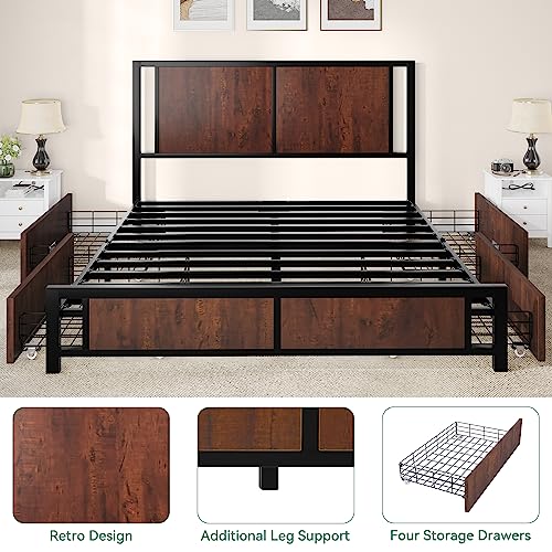 YITAHOME Vintage Brown Queen Size Metal Platform Bed Frame with 4 Storage Drawers