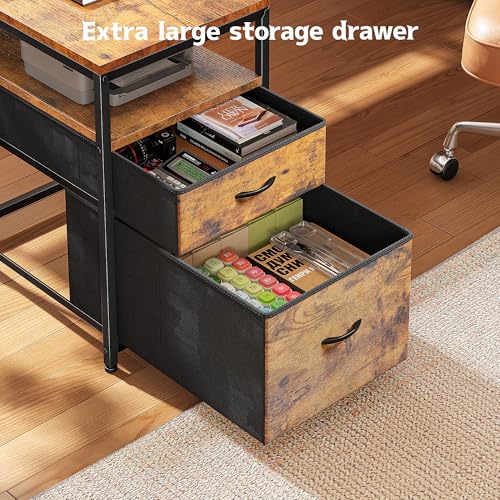 DurayLoly L Shaped Desk with Monitor Stand, 63'' Reversible U Shaped Office Desk with 6 Tire Storage Shelves & 2 Fabric Drawers, Gaming Desk with Power Outlet & LED Strip, Rustic Brown DurayLoly
