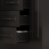 WOODTIME 94.5" W Stationary Kitchen Island Storage Cabinet with Built-in Power Outlet, 2 Countertop, Adjustable Shelves & 3 Drawers for Dining Room, Black & Marble Grain WOODTIME