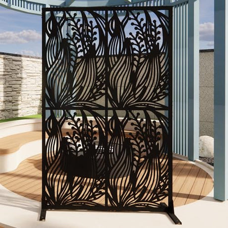 Fulocseny Metal Privacy Screens 72" H Outdoor Privacy Screens Panels Outdoor and Indoor Leaf Pattern Divider with Freestanding Decorative for Balcony Patio Garden Room Divider, Black Fulocseny