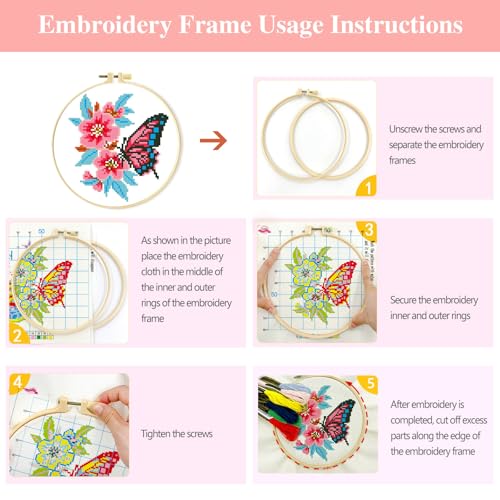 Zhenqing 4-Pack Butterfly Cross Stitch Kits – 11CT 24x24cm Aida Cloth with Blue, Pink & Floral Designs – Vibrant Home Wall Art Decor Set（68121）