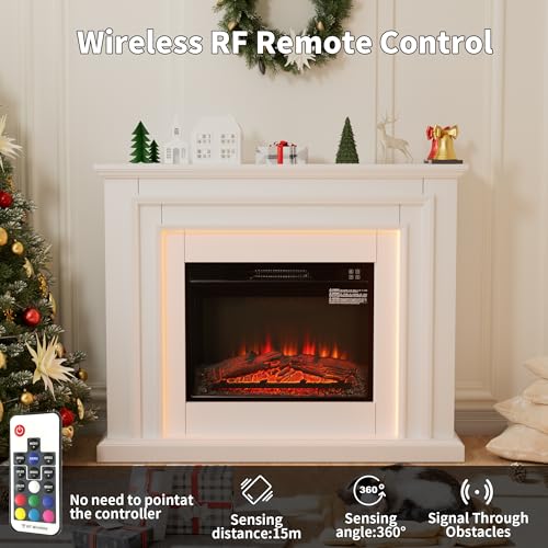 44 Inches LED Lights Electric Fireplace with Mantel, White Tall Fire Place Heater Freestanding, Delicate Three-Dimensional molding with Remote Control Timer LED Flame for Living Room, Bedroom BOSHIRO
