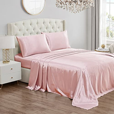 Juicy Couture King Size Silk Satin Bed Sheet Set, Deep Pocket Silky King Sheet Set with 1 Fitted Sheet, 1 Flat Sheet and 2 Pillow Case, Wrinkle Resistant and Anti Pilling Bed Sheets - Pink Juicy Couture