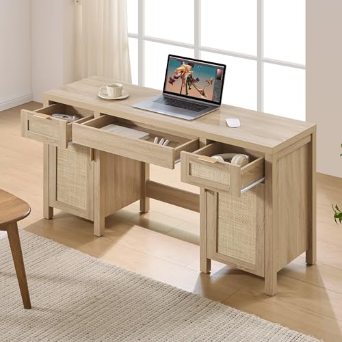 SICOTAS Rattan Vanity Home Office Desk - 52" Large Farmhouse Boho Makeup Vanity Dressing Table with 3 Drawers & 2 Storage Cabinets, Vanities Desk for Makeup Room, Bedroom, Home Office, Light Oak SICOTAS