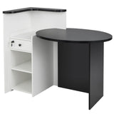 SILKYDRY Reception Desk, Small Retail Checkout Counter with Lockable Drawer and Open Shelves, Wooden Computer Workstation for Home Office Lobby, White Oval Desktop & Black Counter SILKYDRY
