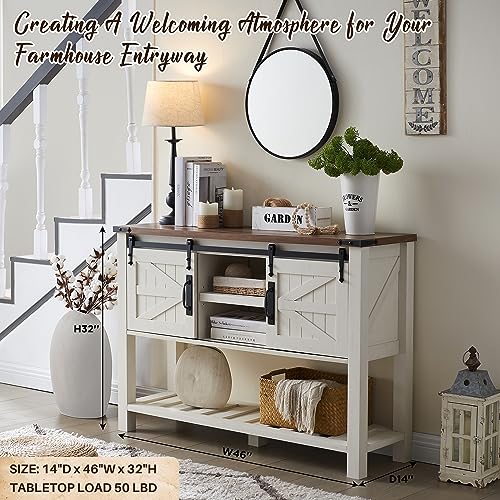 OKD Entryway Table with Sliding Barn Doors, 46" Farmhouse Console Table with Storage Shelf, Rustic Sofa Table Behind Couch for Hallway, Entry Way, Living Room, Foyer, Antique White OKD