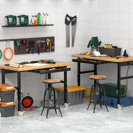 Granper 48" Heavy Duty Solid Wood Work Bench, Work Table with Drawers, Portable Garage Workbench with Wheels and Power Outlet, 3000 LBS Load Capacity, Rolling Tool Workbench for Workshop, Office, Home Granper