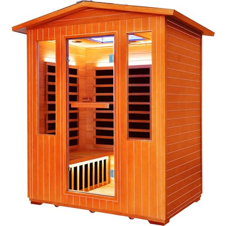 Outdoor Sauna 4 Person Infrared Saunas Outdoor Dry Sauna Room Wood Wooden Sauna Canadian Fir Red Cedar Low EMF 2600W/240V with Oxygen Bar, 7 Color Light, Control Panel, Speaker - 62.2" x 46.9" x 81.9" HOSAUNA