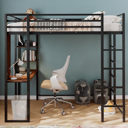 Merax Twin Metal Loft Bed with 2 Shelves and one Desk,Loft Bed Frame with 2 Built-in Laddersl,Noise Free,No Box Spring Neede,Black Merax
