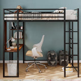 Merax Twin Metal Loft Bed with 2 Shelves and one Desk,Loft Bed Frame with 2 Built-in Laddersl,Noise Free,No Box Spring Neede,Black Merax