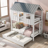 Merax Twin Over Twin Bunk Bed with Trundle,Roof and Windows,House-Shaped Wood Bunk Bed for with Built-in Ladder and Guardrail for Girls,Boys,White+Grey Merax