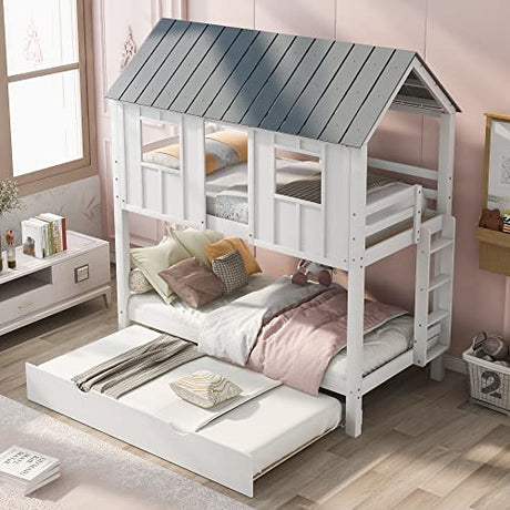 Merax Twin Over Twin Bunk Bed with Trundle,Roof and Windows,House-Shaped Wood Bunk Bed for with Built-in Ladder and Guardrail for Girls,Boys,White+Grey Merax