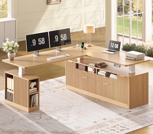 SEDETA L Shaped Electric Standing Desk, 69" x 55"Height Adjustable Office Executive Desk with 4 Drawers and Storage Shelves, Fluted Sit Stand Computer Desk with Power Outlet for Home Office, Oak SEDETA