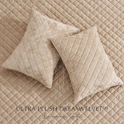 EVERGRACE Luxury Velvet Quilt Set Queen Size, Diamond Quilted Lightweight Velvet Comforter for All Season, Ultra Soft Oversized Bedspread Coverlet Bedding Set with 2 Pillow Shams, Beige Taupe EVERGRACE