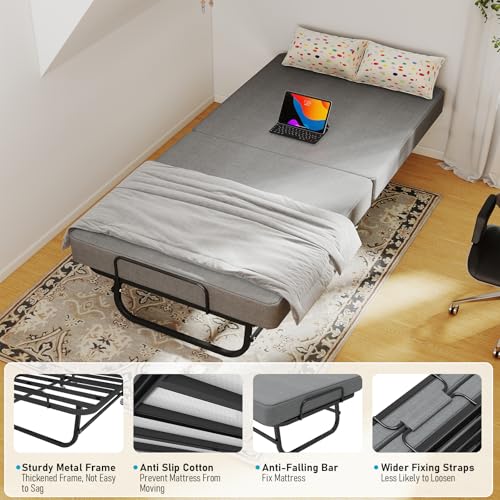 SADENICEL Folding Bed with Mattress for Adults, Portable Foldable Roll Away Bed on Wheels, Memory Foam Mattress and Metal Frame, Space Saving Fold Up for Easy Storage, 75" x 31" SADENICEL