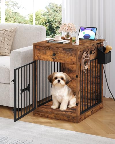 Hzuaneri 24'' Dog Crate Furniture with Charging Station, Dog Kennel Indoor with Flip-Top Storage, Wooden Pet Cage Dogs House End Side Table for Small Dogs Anti-Chew Anti-Escape, Rustic Brown DFC90101B Hzuaneri