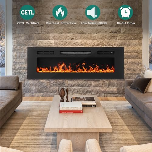 YITAHOME 36" Electric Fireplace Inserts, Fireplace Heaters for Indoor Use, Recessed or Wall Mounted, Remote Control with Timer, Adjustable Temperature, Adjustable Flame Color and Brightness, Crystals YITAHOME