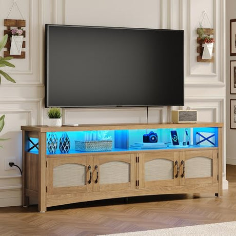 DWVO Farmhouse TV Stand for Living Room, Boho Entertainment Center for Bedchamber w/2 Rattan Cabinets, Television Stand w/Storage Large Media Console Table for TVs up to 50 55 60 65 Inch (Oak) DWVO