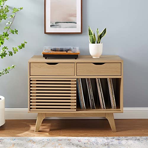 Modway Render Mid-Century Modern 37" Vinyl Record Display Stand with Drawers in Oak Modway