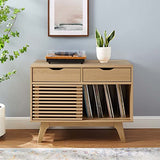 Modway Render Mid-Century Modern 37" Vinyl Record Display Stand with Drawers in Oak Modway