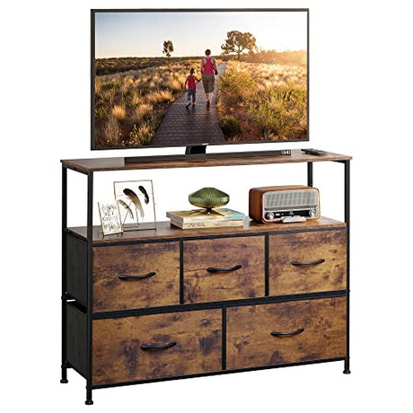 WLIVE TV Stand Dresser for Bedroom with 5 Fabric Drawers, Entertainment Center with Open Shelf and Power Outlet for 45 inch TV, Media Console Table with Storage for Closet, Living Room, Rustic Brown WLIVE