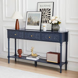weselon 55.5" Carved Console Table with 3 Drawers, 2-Tier Sofa Table with Glossy Floral Surface and Solid Wood Legs, Mid-Century Modern Entryway Table for Living Room Hallway (Midnight Blue) weselon