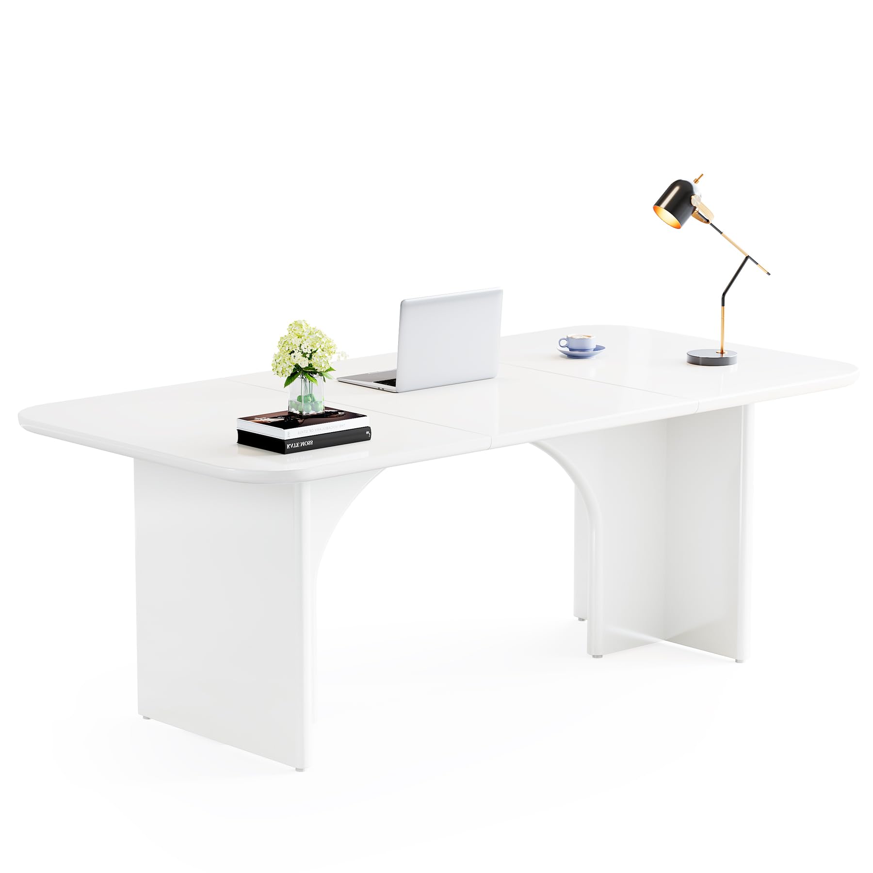 Tribesigns 62.99" Large Desk, Modern Home Office Computer Desk for 1-2 Person, Minimalist Double PC Writing Table Study Desk Executive Desk with Arch Design Legs, Cream White - WoodArtSupply