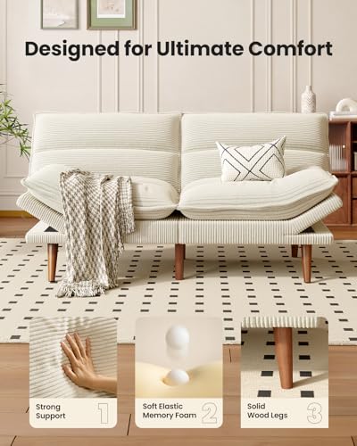 Amada Convertible Futon Sofa Bed - Corduroy Loveseat with Adjustable Backrest & Armrests, Thickened Seat Cushion, Small Space Sleeper Couch for Apartment, Study Room & Office（Off-White，66 Inch ） AMADA HOMEFURNISHING