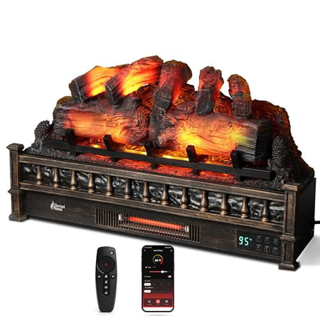 TURBRO Eternal Flame 30 in. WiFi Infrared Quartz Electric Fireplace Log Heater with Sound Crackling, Realistic Pinewood Logs, Adjustable Flame Colors, Remote Control, Thermostat, Timer, 1500W, Bronze TURBRO