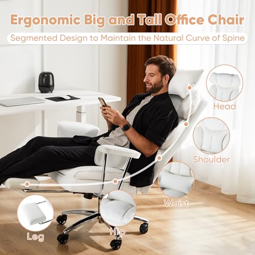 Sweetcrispy Executive Home Office Desk Chair - Ergonomic Big Tall High Back with Footrest & Lumbar Support, Reclining Height Adjustable, Comfy PU Leather Computer Gaming with Swivel Wheels, White Sweetcrispy