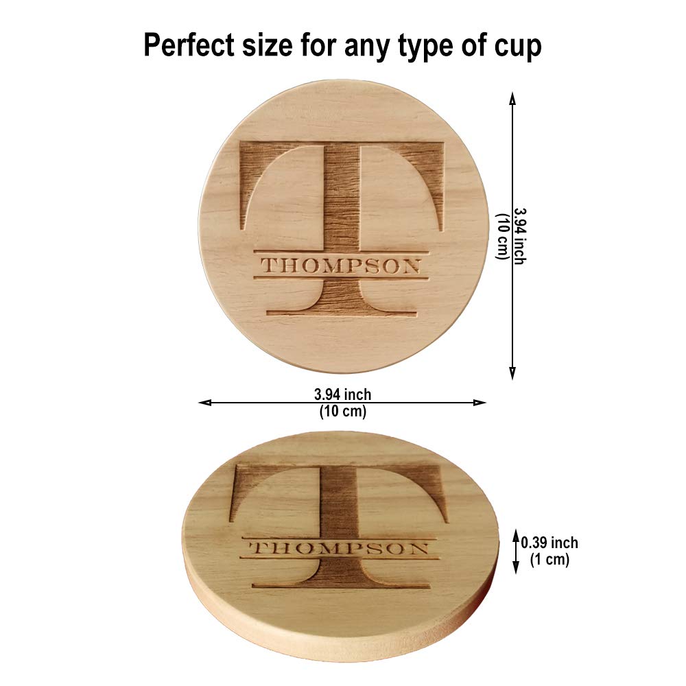 Personalized Coasters, Custom Engraved Coasters, Wooden Coasters for Drinks, Monogram Coasters, Great Gifts for Relatives, Friends or Yourself (T, Set of 4) Mojia