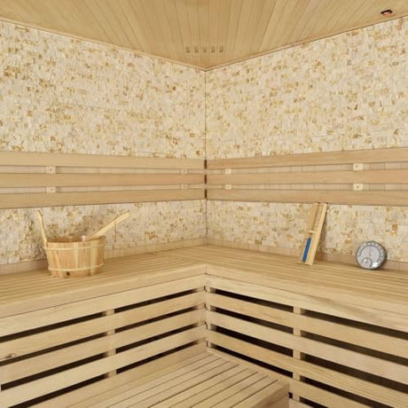 Customize Indoor Steam Sauna, 4-8 Person, Pentagon Design with Electric Sauna Heater, Canadian Hemlock/Red Cedar, WiFi Control Option, Double Level Bench, 8 mm Tempered Glass, 7-Color Lights, 220V ZONEMEL