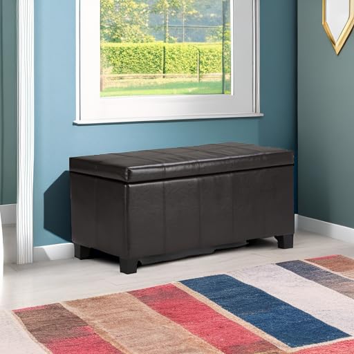SIMPLIHOME Dover 36 inch Wide Contemporary Rectangle Storage Ottoman Bench in Tanners Brown Vegan Faux Leather, Assembled, For the Living Room, Entryway and Family Room SIMPLIHOME