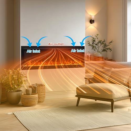 Oxhark Flame 60 Inch, Recessed & Wall Mounted WiFi-Enabled Electric Fireplace Inserts with Remote Control,Timer & Thermostat Fireplace Heater, Log Set & Crystal Options, 750W/1500W, Black Oxhark Flame