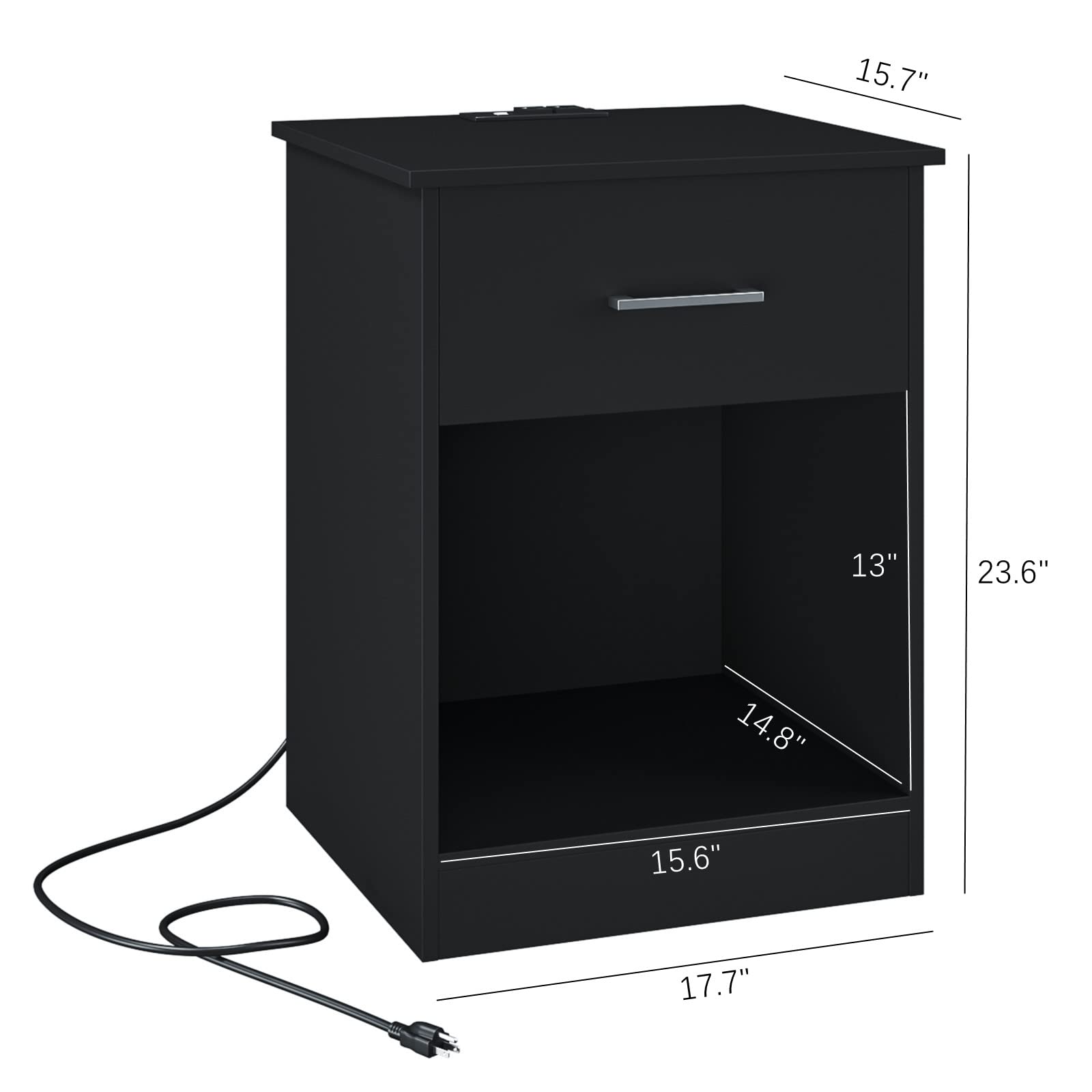 Reettic Set of 2 Nightstand with Charging Station and USB Ports & Power Outlets, Wooden End Table with Drawer and Opening Shelf, Side Table for Bedroom, Black RCTG101BE02 - WoodArtSupply