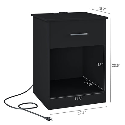 Reettic Set of 2 Nightstand with Charging Station and USB Ports & Power Outlets, Wooden End Table with Drawer and Opening Shelf, Side Table for Bedroom, Black RCTG101BE02 - WoodArtSupply