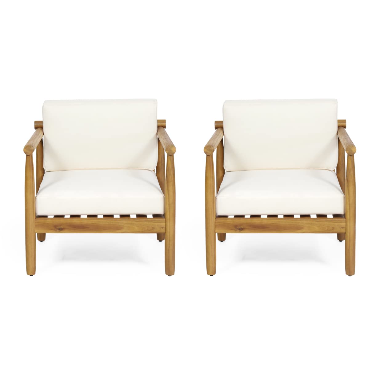 Christopher Knight Home Abigail Outdoor Acacia Wood Club Chair (Set of 2), Teak Finish, Cream - WoodArtSupply