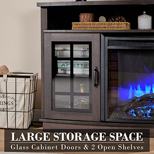 LUXOAK 59" Curved Fireplace TV Console, Entertainment Center Table with Open Shelves and Farmhouse Glass Door Media TV Cabinet Stand for TVs up to 65 LUXOAK